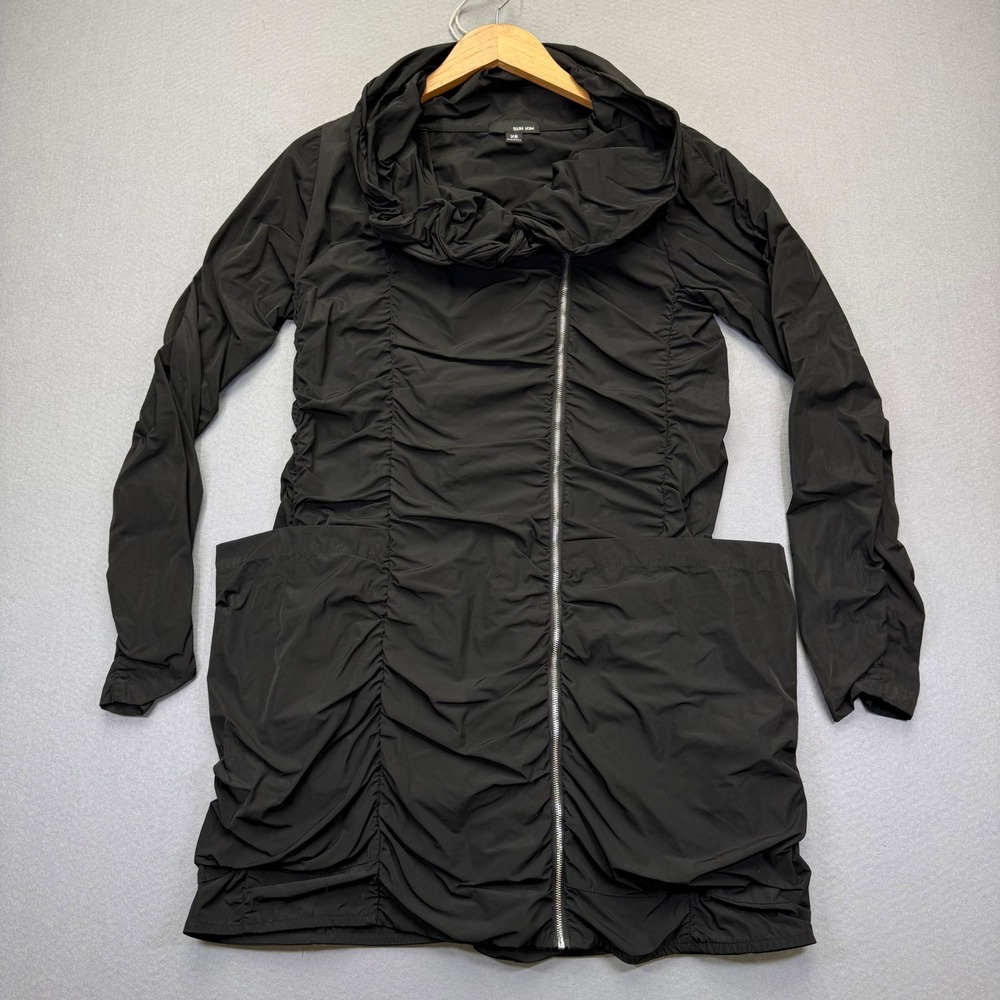 Sun Kim ME196 Black Ruched Full Zip Cowl Neck Jacket Womens XS Made in USA